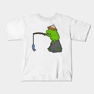 Frog on Stone at Fishing with Fishing rod & Fish Kids T-Shirt